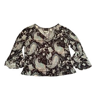 Y2K V-Neck Paisley Print Bell Sleeves Fairy Core Whimsical Blouse JKLA Vintage